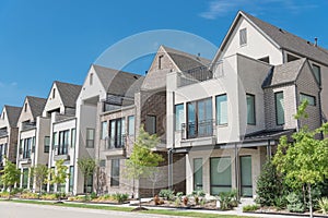 Modern porch of new development three story single family houses near Dallas, Texas