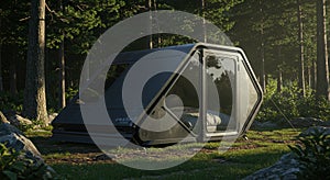 Modern portable cabin in forest setting