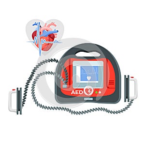 Modern portable defibrillator with small screen and heart illustration