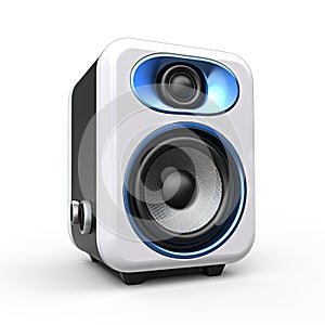 Modern portable speaker on white background. Music loudspeaker or player with wireless technology.