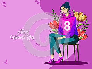 Modern Portrait of Beautiful Young Woman Sitting on Stool Against Floral Background for Happy Women' Day Celebration