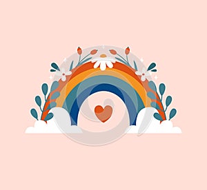Modern positive illustration with cute rainbow, clouds, flowers, leaves, berries, stars.