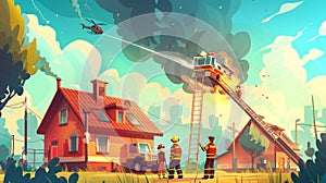 Modern poster with flat illustration of a fire crew, a woman in safety outfit and a man in helmet rescuing a kid.