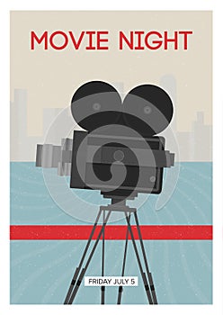 Modern poster or flyer template for movie night, premiere or cinema festival show time with retro film camera or