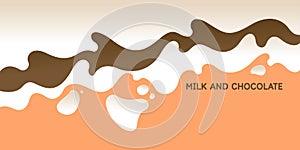 Modern poster of milk and chocolate with splashes on the background. Vector illustration in a flat minimalist style.