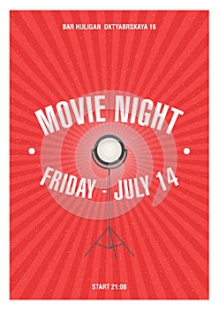 Modern poster, placard or invitation template for movie night or motion picture demonstration with glowing spotlight