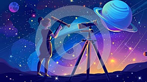 This modern poster shows a cartoon girl looking at stars and planets from a space exploration banner.