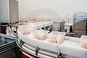 Modern poultry processing plant.A modern plant.Factory production food from meat.Production line with packaging and