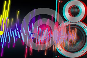 Modern powerful audio speaker and sound waves on dark background