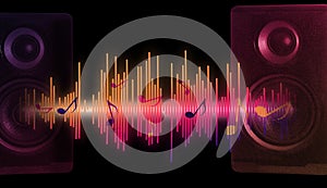 Modern powerful audio speakers and sound waves dark background