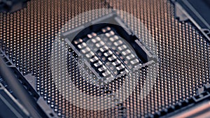 Modern powerful CPU processor socket close up. Digital technology concept background.