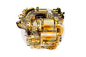 Modern powerful golden car engine isolated on white