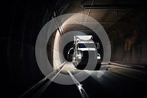 Modern powerful powerful big rig semi truck with glowing headlights driving on the road in dark tunnel at night. Industrial photo