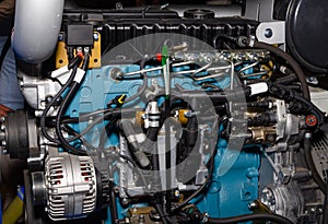 Modern powerful semi truck turbo diesel engine closeup photo