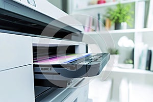 A modern printer sitting on a desk, ready to use