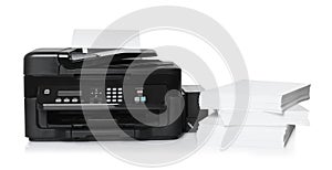 Modern printer and stack of paper on white background