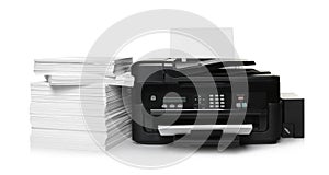 Modern printer and stack of paper on white background