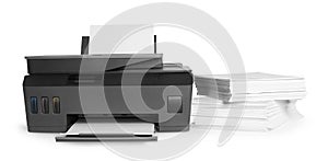 Modern printer and stack of paper on white background
