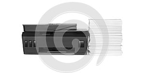 Modern printer and stack of paper on white background