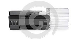 Modern printer and stack of paper on white background