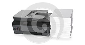 Modern printer and stack of paper on white background
