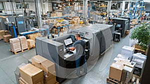 Modern Printing Facility with Advanced Machinery and Organized Workspace for Efficient Production and Logistics Management