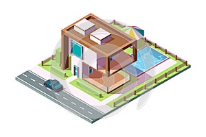 Modern private house. Luxury building residential exterior with grass car pool vector isometric home low poly 3d