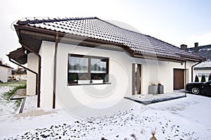 Modern private house in winter, abstract architecture real estate