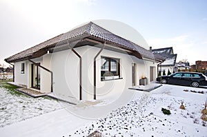 Modern private house in winter, abstract architecture real estate