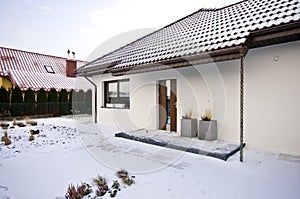 Modern private house in winter, abstract architecture real estate