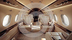 Modern Private Jet Interior with Elegant Leather Seating.. Concept Luxury, Private Jet, Interior