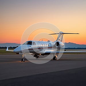 A modern private jet parked on an empty runway photo