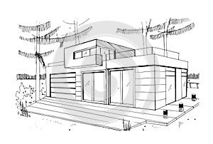 Modern private residential house. Hand drawn, contour, black and white sketch illustration.