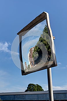 Convex mirror, modernist factory, Wijgmaal, Leuven, Belgium photo