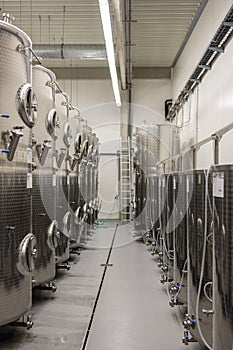 Modern production wine cellar with stainless steel tank, Southern Moravia, Czech Republic