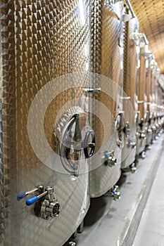 Modern production wine cellar with stainless steel tank, Southern Moravia, Czech Republic