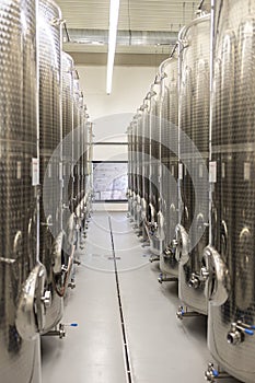 Modern production wine cellar with stainless steel tank, Southern Moravia, Czech Republic