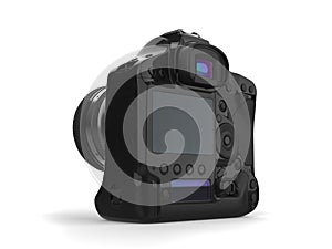 Modern professional black photo camera - back display view