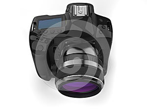 Modern professional black photo camera - top down, lens and top display view