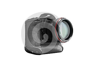 Modern professional camera for professional shooting with a black grasping black 3d rendering on white background no shadow