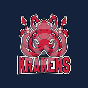 Modern professional logo for sport team. Kraken mascot. Octopus, vector symbol on a dark background.