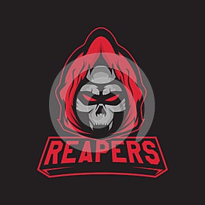 Modern professional logo for sport team. Reaper mascot. Skeletons, vector symbol on a dark background.