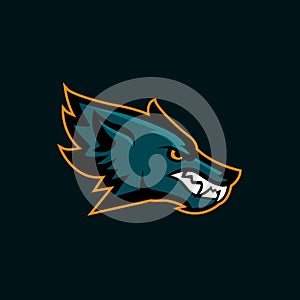 Modern professional logo for sport team. Wolf mascot. Wolves, vector symbol on a dark background.