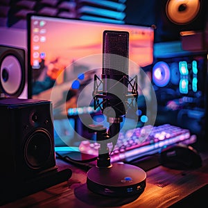 Modern professional microphone in recording studio.