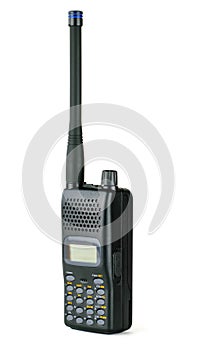 Modern professional walkie-talkie isolated on white background.