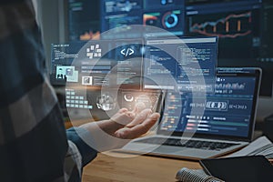 Programmer Working with Modern Futuristic Digital Interface Technology Screens Data Analytics web code coding laptop