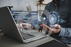 Modern Programmer Working on Futuristic Digital Interface Laptop Technology Software Development Data Analytics Network