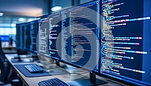 Modern programmer workspace with multiple computer screens displaying programming codes on the desk