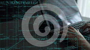 Modern Programming Concept with Computer Code and Hands Typing on Keyboard in a Dark Environment for Technology and