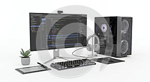 Programming Workspace with Modern Computer Setup Displaying Code and Accessories on White Background for Software